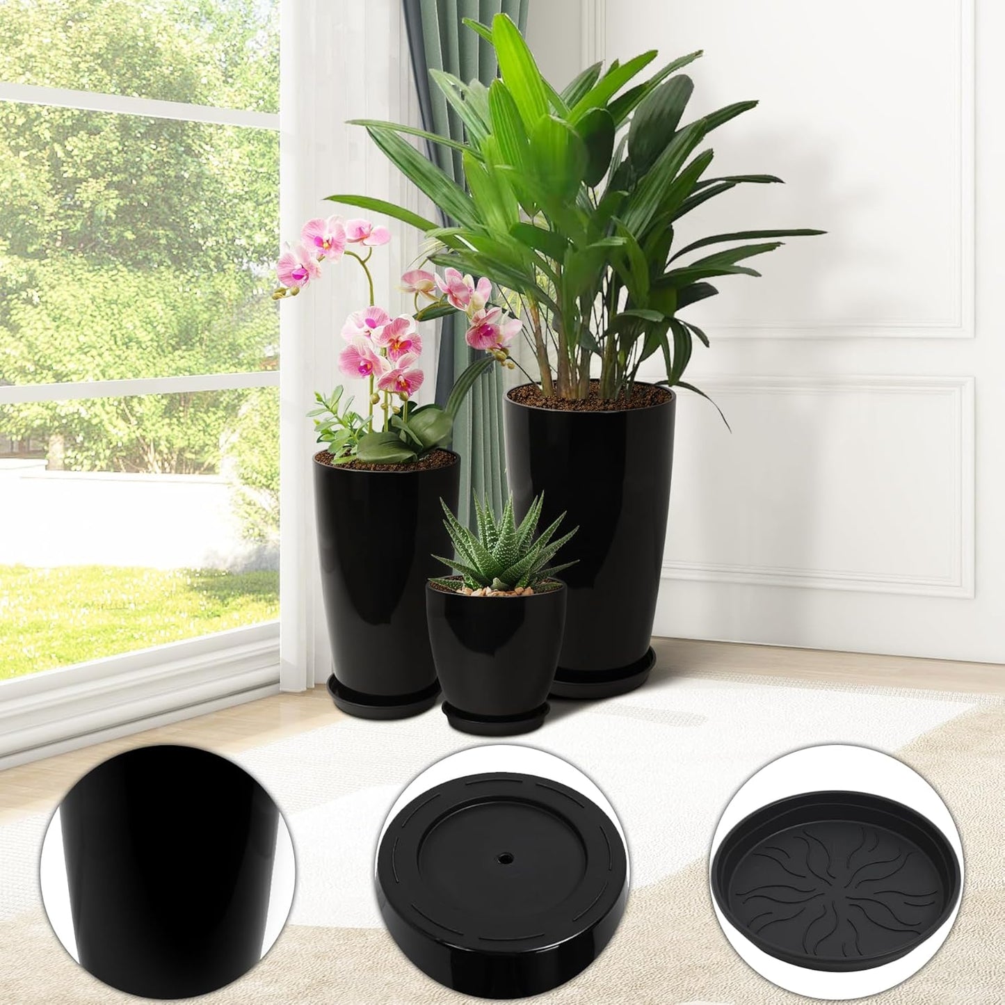24/21/12 Inch Large Plastic Planter, Lightweight Ceramic-Look Large Flower Pots with Drain Hole & Saucers, Plastic Outdoor Planters for Garden, Patio, Balcony(Brilliant Black)