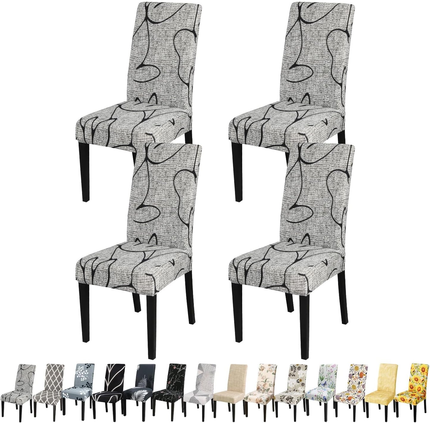 JQinHome Pattern Chair Covers for Dining Room Set of 4, High Stretch Removable Washable Parsons Chair Slipcover for Home Party Hotel Wedding Ceremony (4PCS, Lotus Gray)