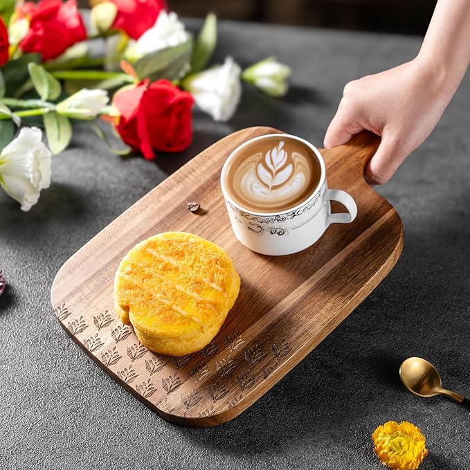 Acacia Wood Cutting Board - Wooden Kitchen Cutting Board for Meat, Cheese, Bread,Vegetables &Fruits- Charcuterie Board Cheese Serving Board with Handle,12" x 7”