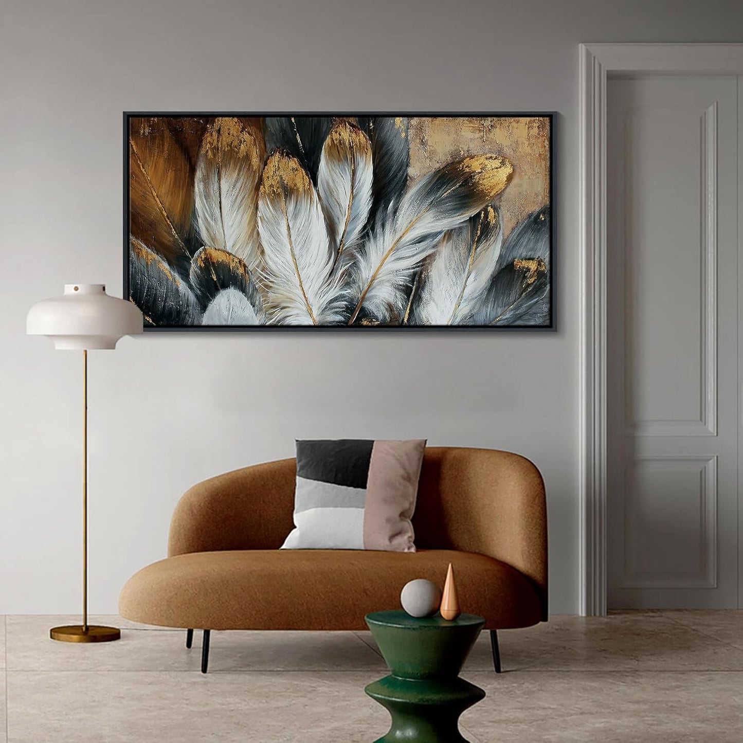 Framed Feather Canvas Wall Art Modern Living Room Bedroom Wall Decoration Large Canvas Painting Artwork for Home Decor White Gold Brown Feather Picture 24x48 Size