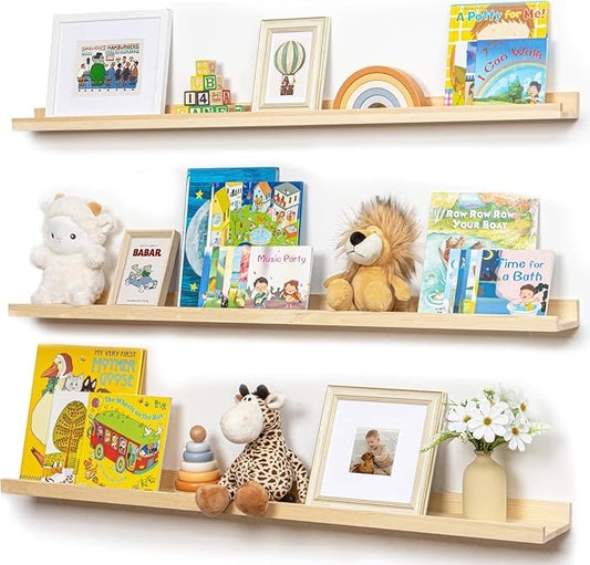 Picture Ledge Shelf for Wall, 48 inches Solid Pine Wood Nursery Book Shelves 3 Packs, Floating Ledge Shelves for Kids' Room Bedroom Bathroom Long Floating Shelves for Wall Nursey Wall Decor, Natural