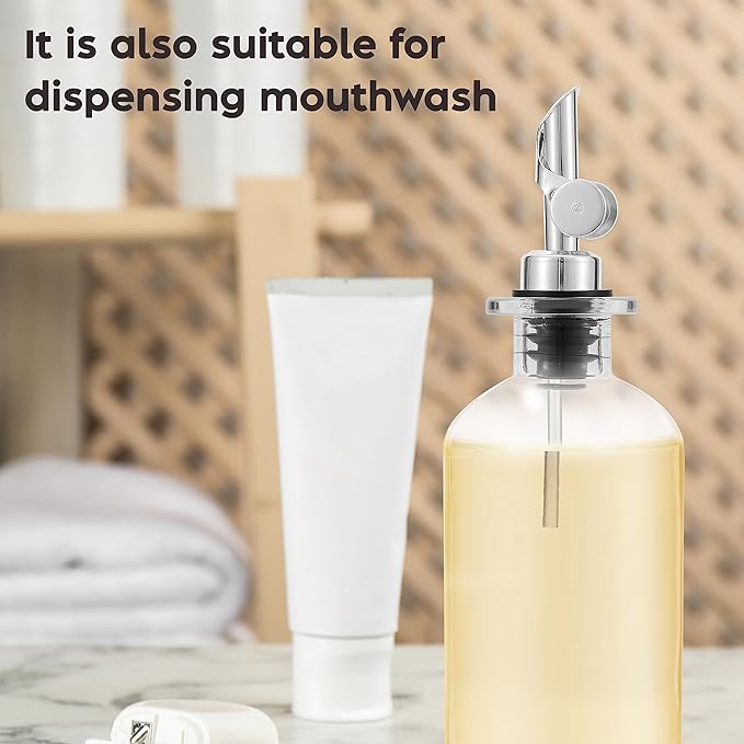 Olive Oil Dispenser Bottle - Includes 55 Kitchen Essential Labels - Cooking Oil Bottles for Kitchen, Coffee Syrup Dispenser - Pourer Spout with 11.8 fl oz Glass Container Cruet - 4pcs Silver