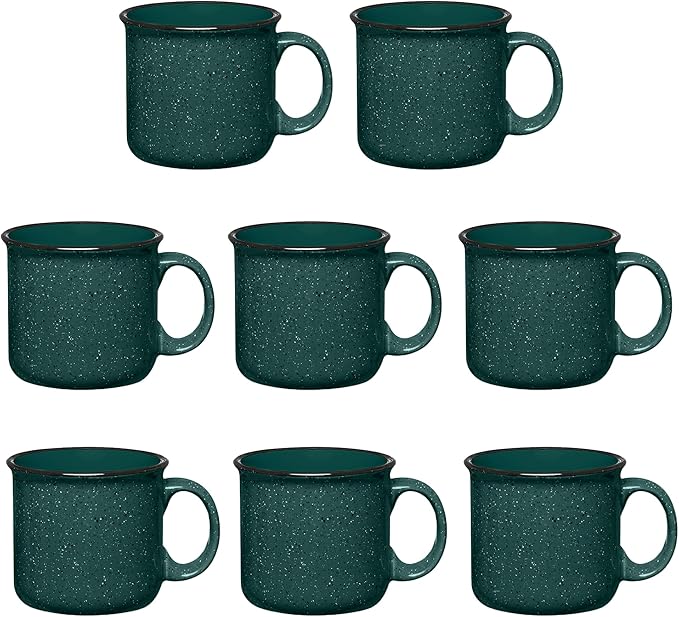 Set of 8 Ceramic Campfire Mugs – 15 Oz, Green – Coffee & Tea Cups for Home, Work, Travel, Camping – Customizable, Great for DIY, Events, Companies