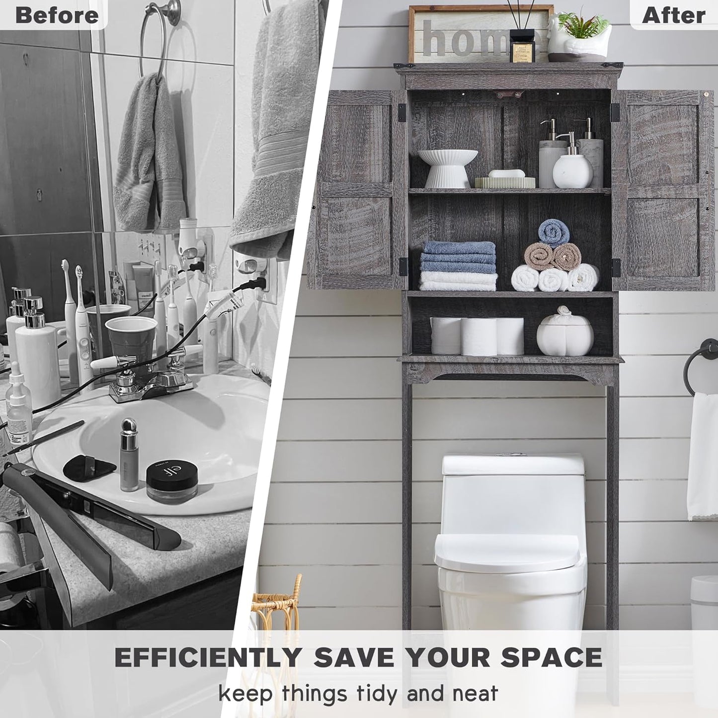 Over The Toilet Storage Cabinet, Farmhouse Bathroom Cabinet with Adjustable Shelf & Barn Door, 67" Tall Over The Toilet Shelf, Grey Wash