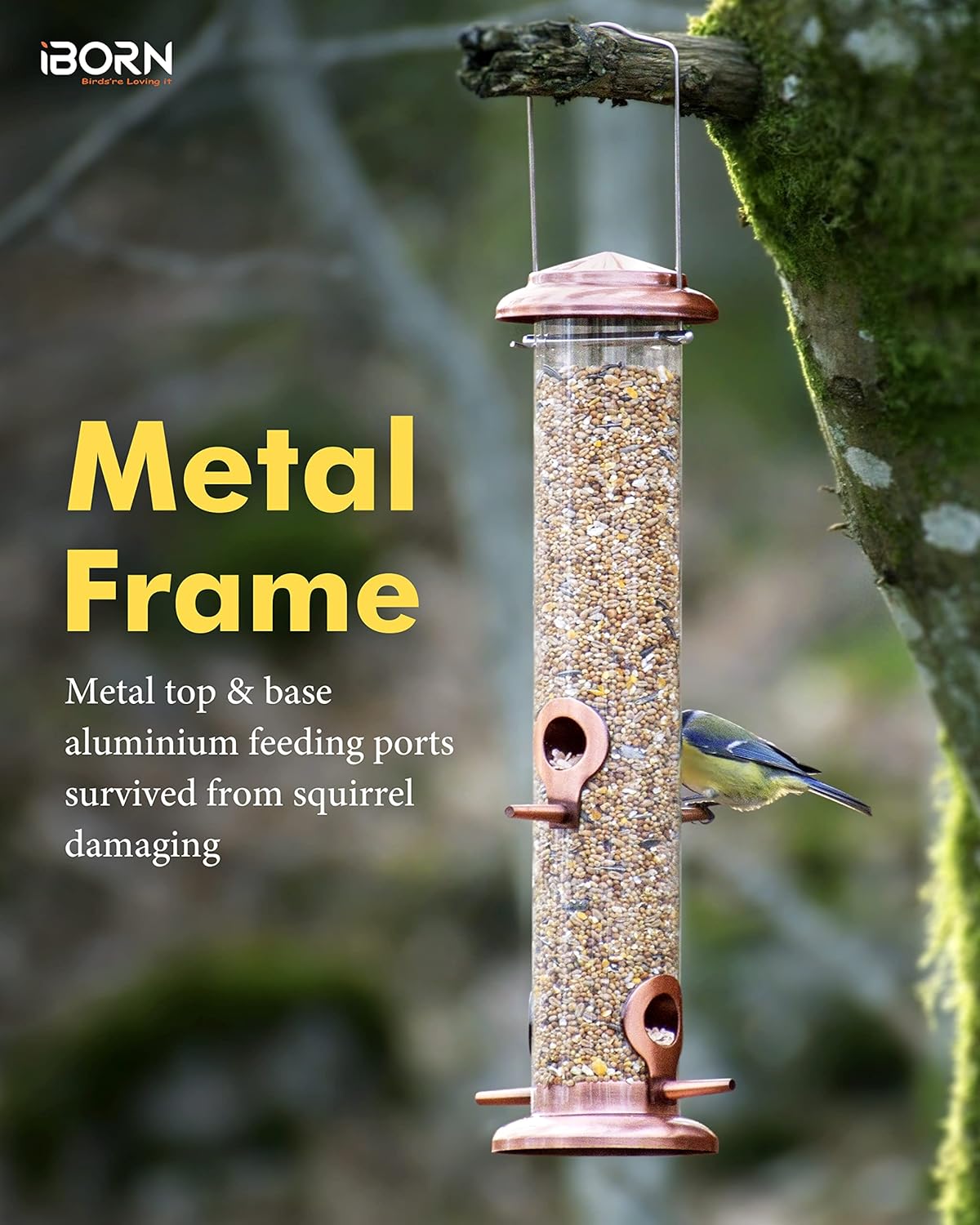 iBorn Metal Bird Feeders Metal Bird Feeder Copper for Outdoors Hanging All Metal Copper Finishing 14 Inch 4Port(Seed is not Included)