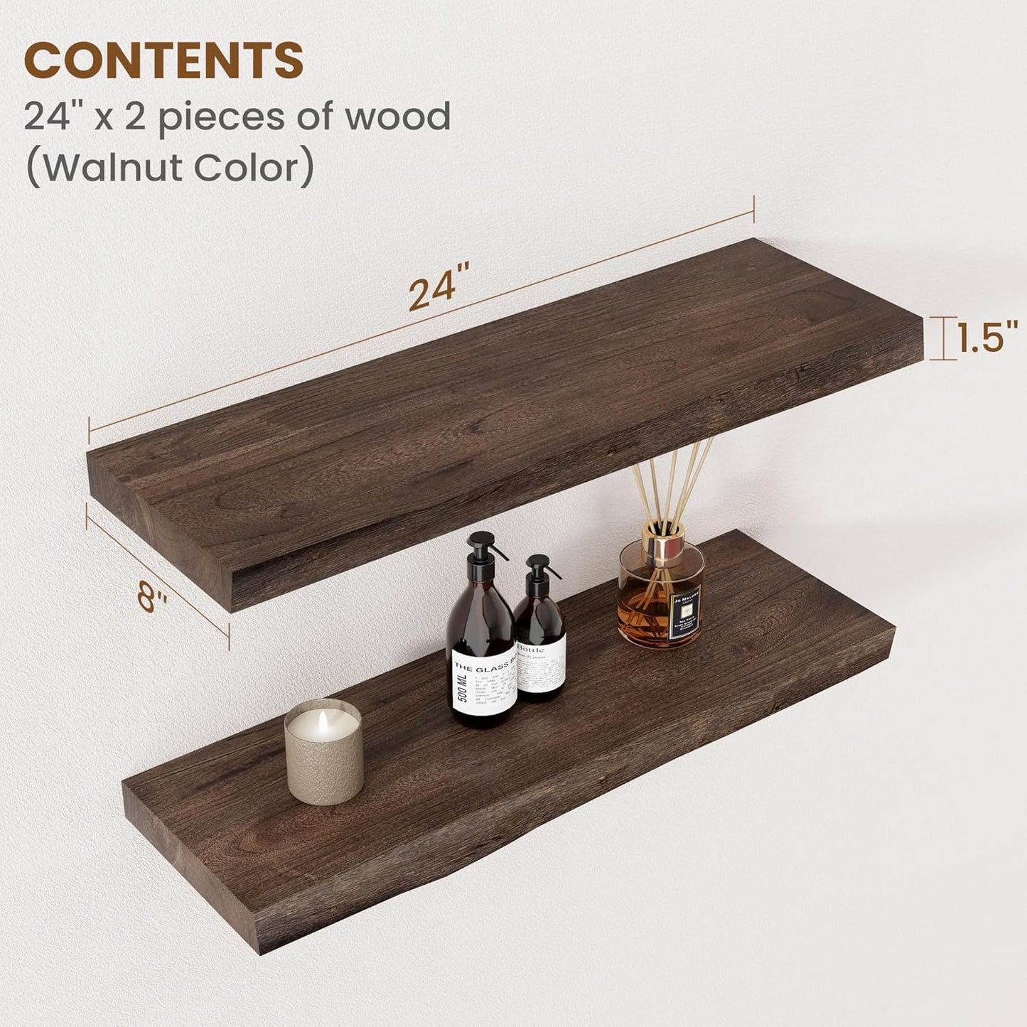 Floating Shelves for Wall Decor, Rustic Solid Elm Wood Floating Shelves Wall Mounted, Wall Shelves with Invisible Bracket for Living Room Bathroom Bedroom Kitchen, 24 Inch Set of 2, Walnut