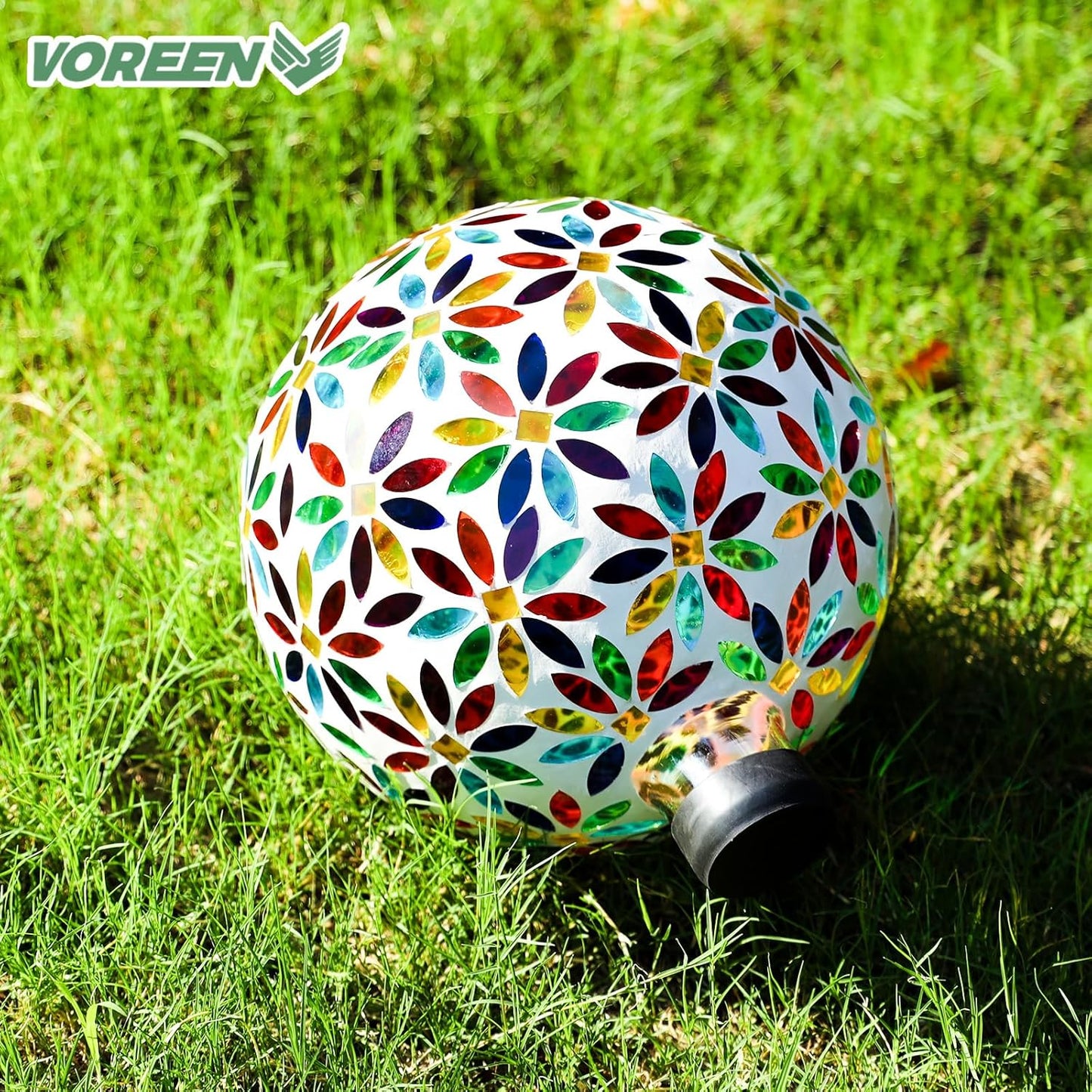 VOREEN Mosaic Glass Gazing Ball Outdoor Gazing Globe, Reflective Ball Yard Decoration for Homes, Patio, Lawn and Gardens, Gift for Mom Wife Friend, 10-Inch, Multi Colored Flowers Design