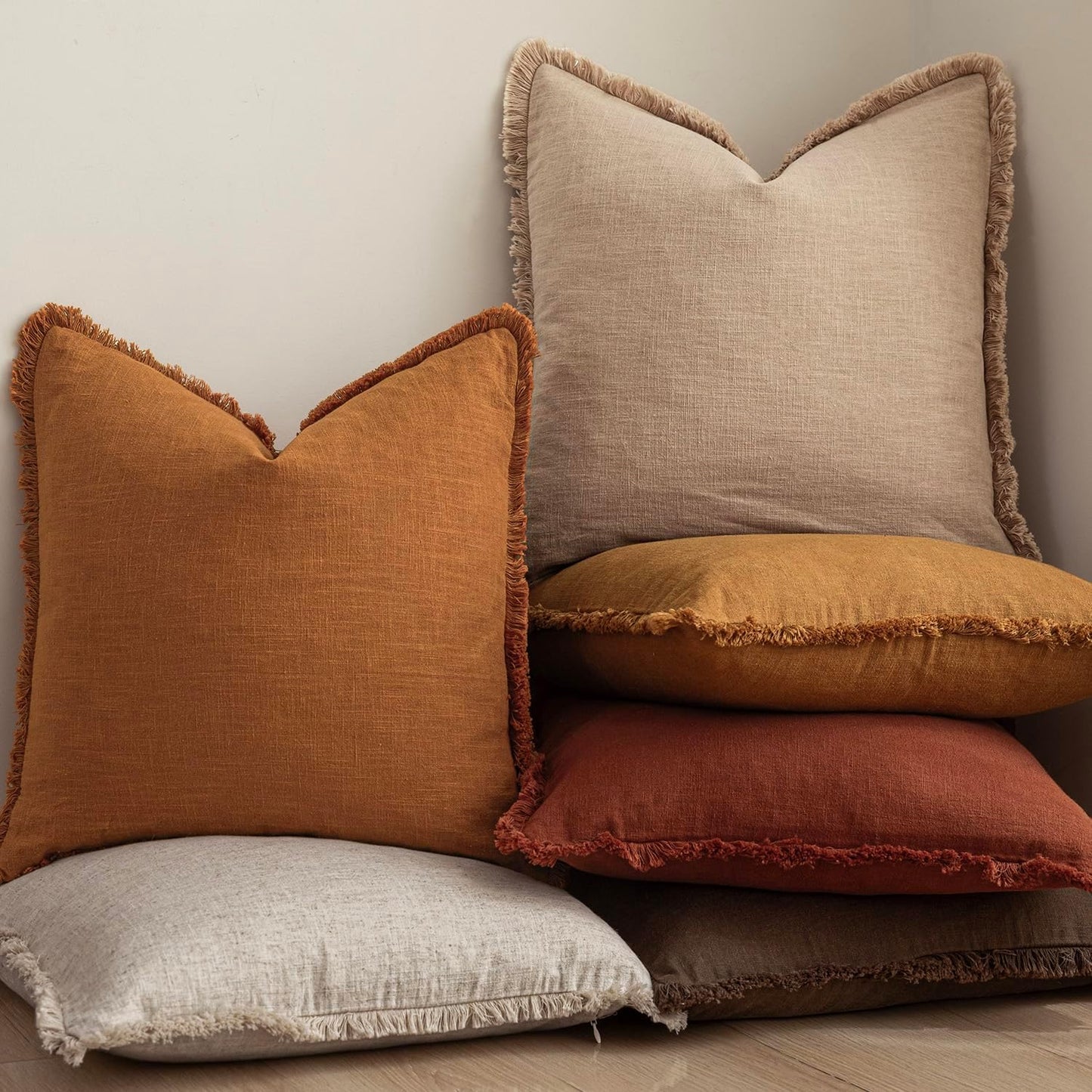 Foindtower Set of 2 Decorative Linen Fringe Throw Pillow Covers Cozy Boho Farmhouse Cushion Cover with Tassels Soft Accent Pillowcase for Couch Sofa Bed Living Room Home Decor, 24×24 Inch, Orange