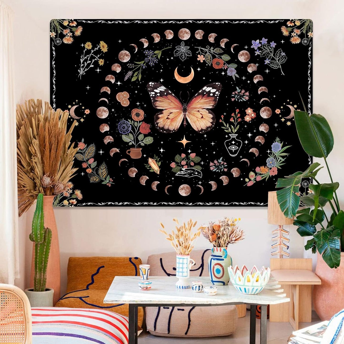 Fowocu Orange Butterfly Moon Flower Tapestry Boho Floral Plant Tapestries for Bedroom Aesthetic Tapastry's Wall Hanging Mandala Botanical Wall Tapestry for Living Room Dorm (Yellow, 48'' × 36'')