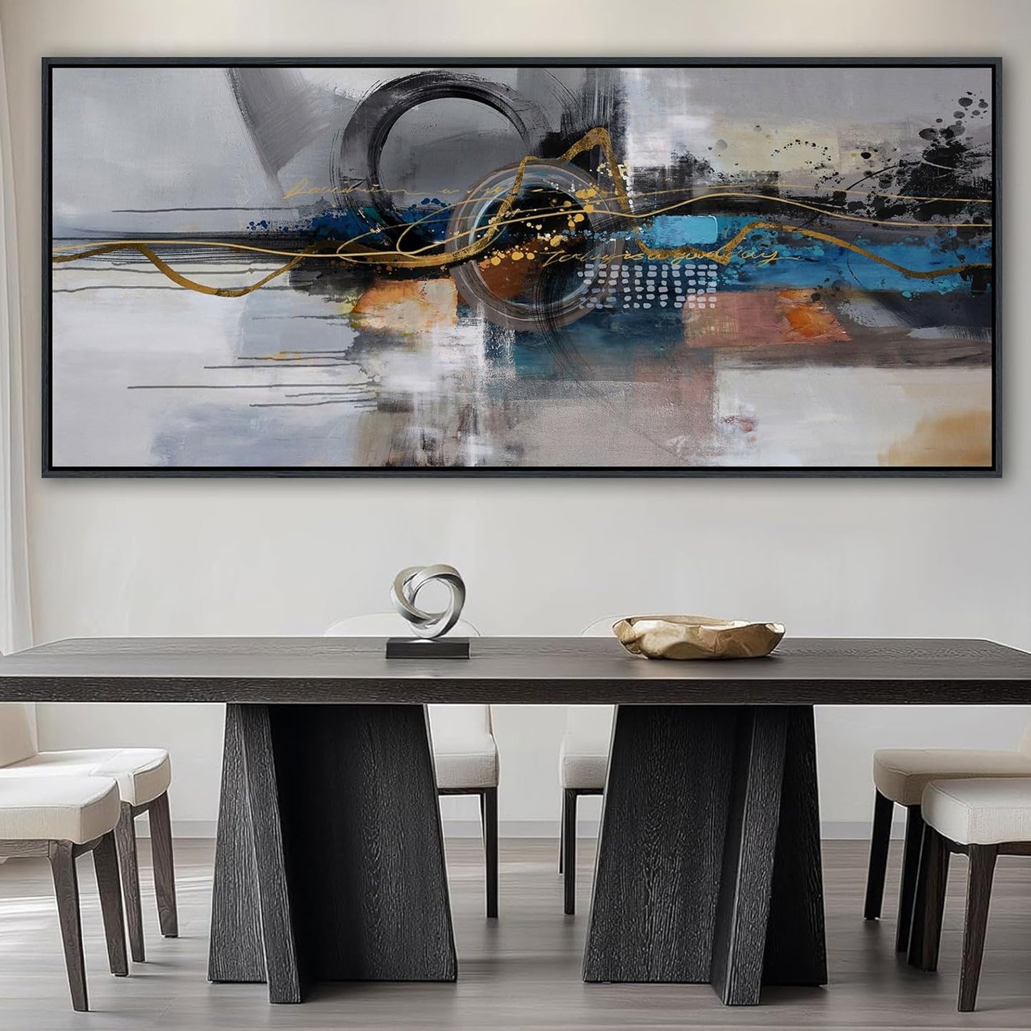 XLSJERST Large Abstract Frame Wall Art - Black and Blue Cnavas Framed Artwork for Walls Modern Minimalist Boho Gray Pictures Wall Decor for Living Room Bedroom Office Home Decoration 86x39 Inches