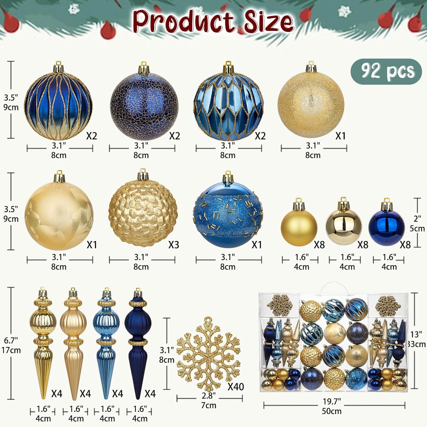 92ct Christmas Tree Decoration Set Christmas Ball Ornaments with Srtings Shatterproof Christmas Baubles for Christmas Holiday Wreath Garland Party Decoration, Blue-Gold