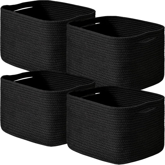 Black Storage Baskets for Shelves, Small Storage Baskets for Organizing, Woven Cotton Rope Baskets for Storage, Book Basket, Decorative Shelf Basket, 12.5"Lx9.1''Wx7.9''H (4 Packs) Black