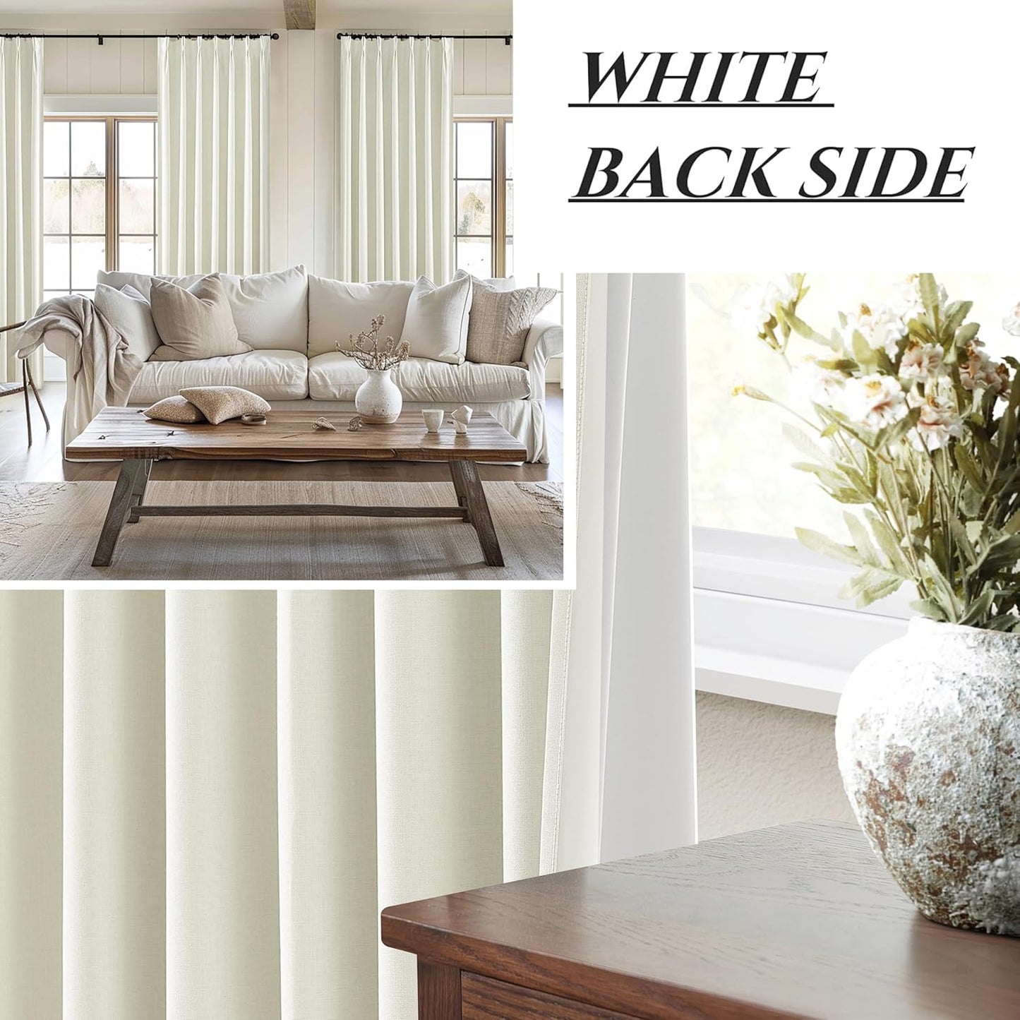 102 Inch Long Curtains, Floor to Ceiling Lush Decor Tall Curtains for Living Room Full Blackout Soundproof Heat Blocking Linen Window Pinch Pleated Drapes 2 Panels Ivory Cream White Room Divider