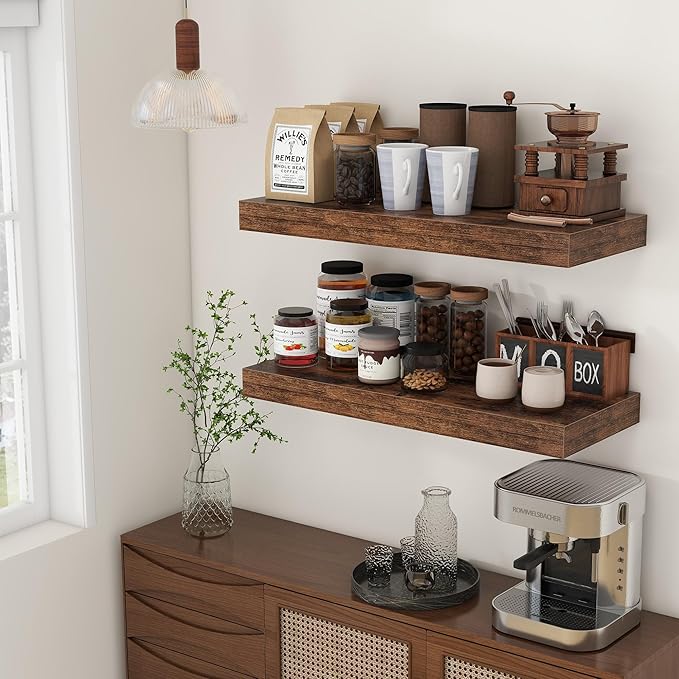 12 Inch Deep Floating Shelves for Wall | 30 Inch Floating Shelves Set of 2 | Rustic Wood Shelves for Living Room Bathroom Laundry Room Bedroom Kitchen Home Office - Rustic Brown