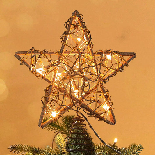ODEETRONIC Rustic Tree Topper Lights, 10" Rattan Natural Christmas Star Tree Topper, 10 Clear Lights Warm White Hollow Tree Topper, 120V UL Certified Christmas Star Topper for Xmas Tree Home Party