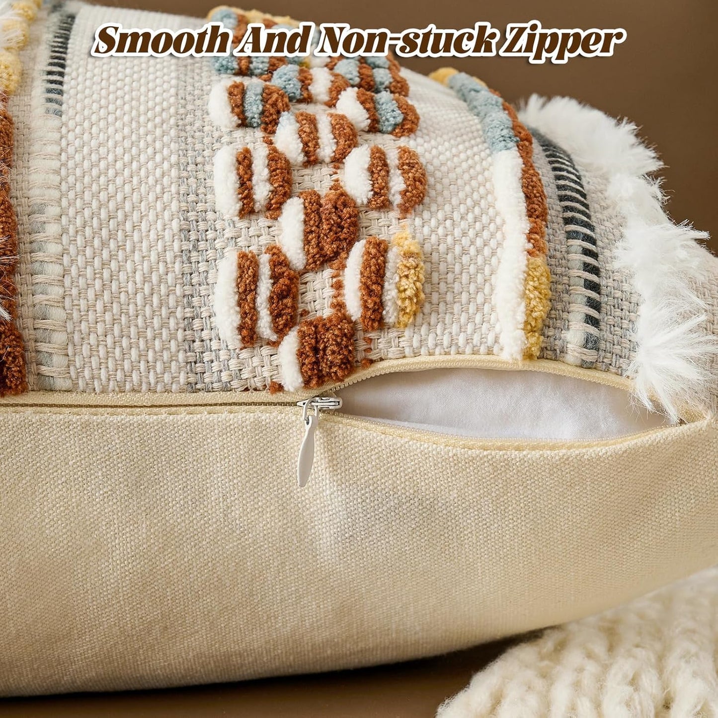 AmHoo Chenille Striped Tufted Textured Boho Throw Pillow Covers Aesthetic with Tassels Woven Decorative Pillow Case for Couch Bed Sofa Bedroom Modern Funky 18 x 18-Inch Brown White