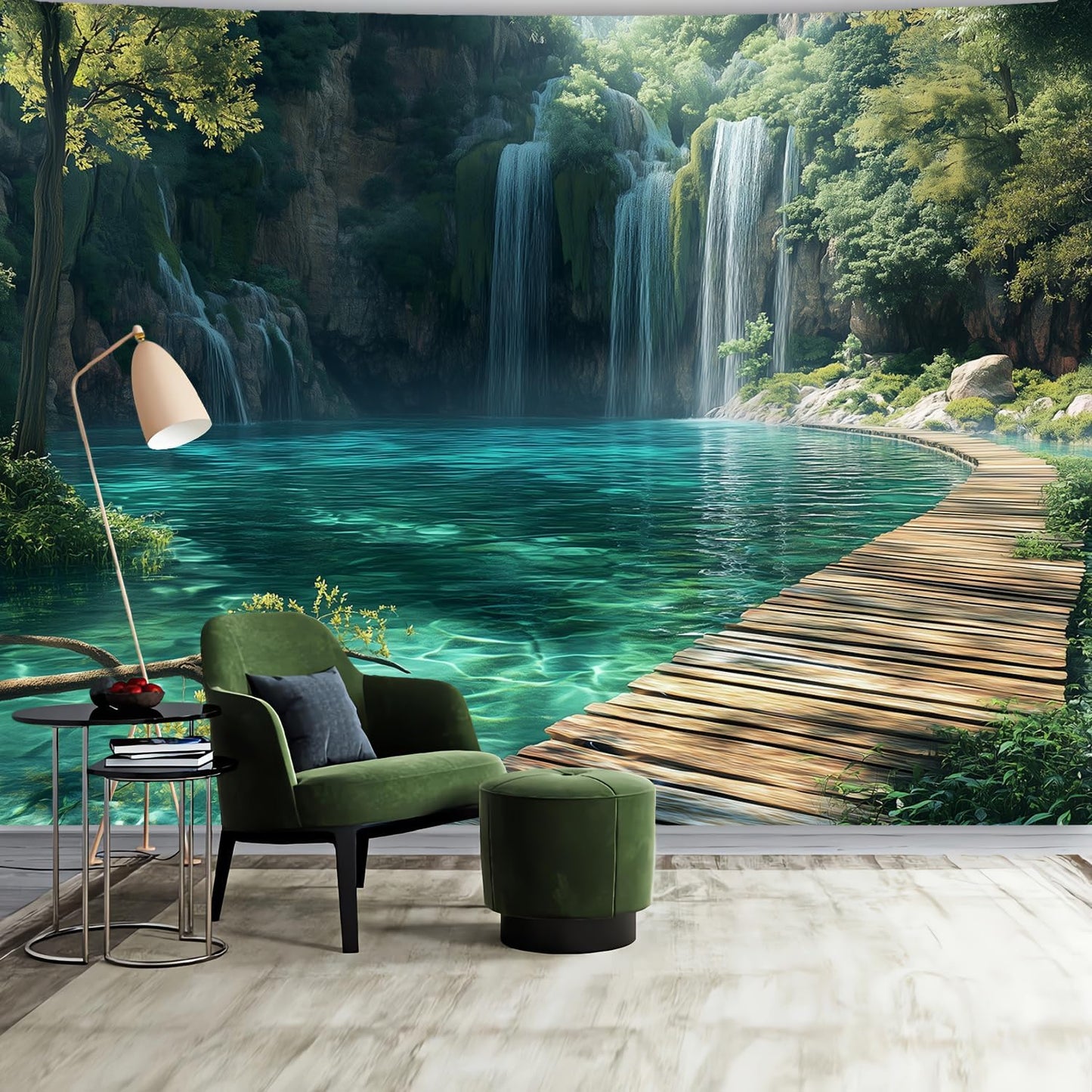 BSFHH Nature Tapestry Forest Tree Sea Cave Wall Hanging, Stream Through Rainforest Landscape Wall Art Tapestry for Bedroom Living room (Waterfall, 90"×70", Unframed)