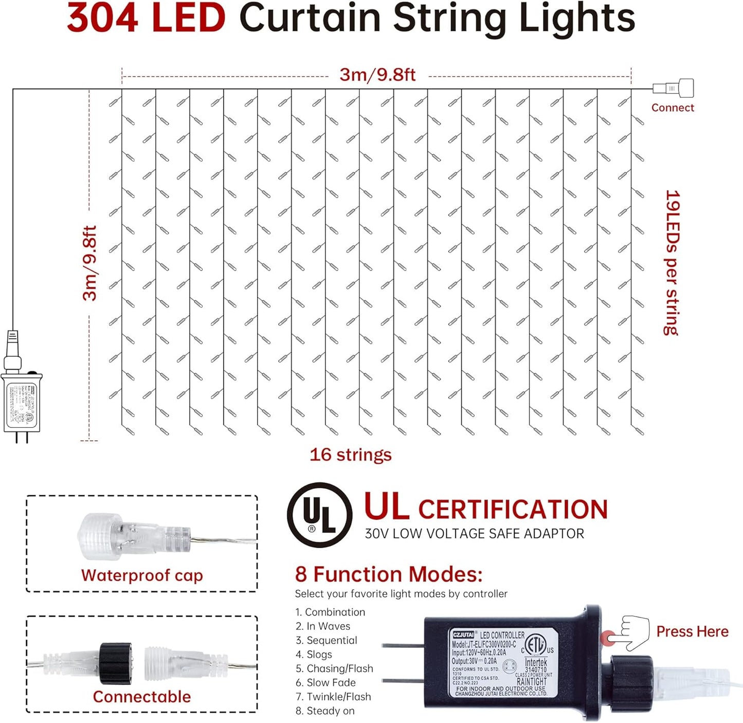 Fairy Curtain Lights,304 LED 9.8ftX9.8ft 30V 8Modes safety Window Lights with Memory for Home Wedding Christmas Party Family Patio Lawn Garden Bedroom Outdoor Indoor Wall Decorations(Multi ColoR)