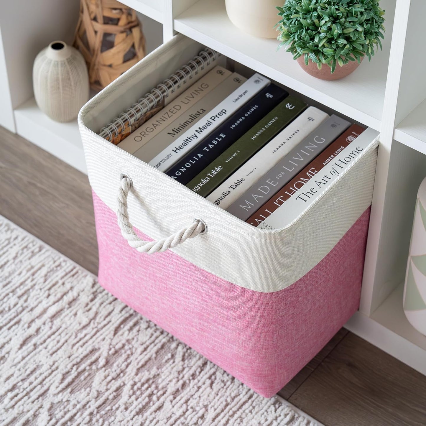 OrganiHaus 13x13 Cube Storage Bins 4 Pack, Foldable Cube Storage Organizer w/ Rope Handles, Collapsible Fabric Bins for Toys, Clothes & Closet Organization, Fabric Square Baskets - Pink/White