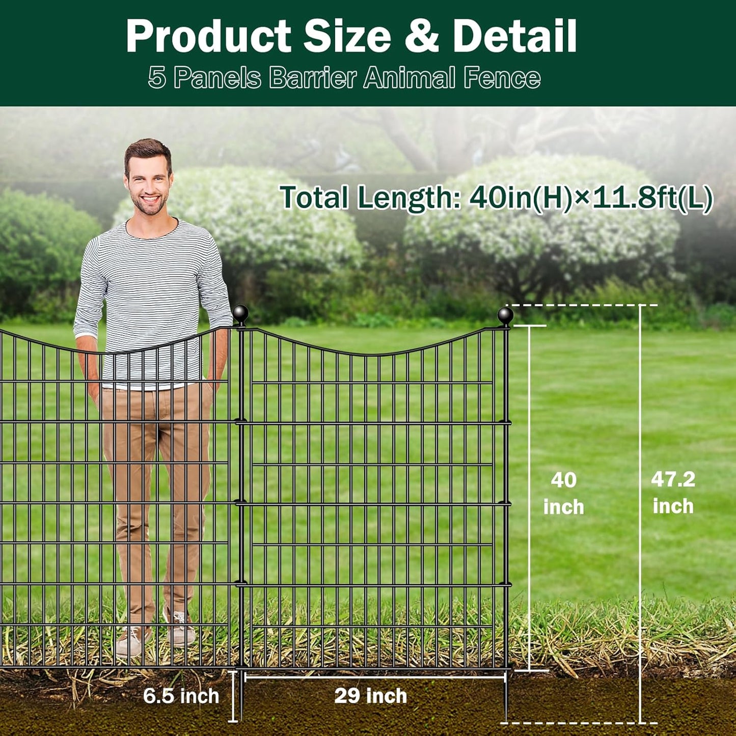 5 Panels No Dig Dog Fence Outdoor for Yard, 40 in(H) X 12 ft(L) Decorative Tall Garden Fence Animal Barrier, Rustproof Metal Wire Garden Edging and Borders, Temporary Fencing Stakes