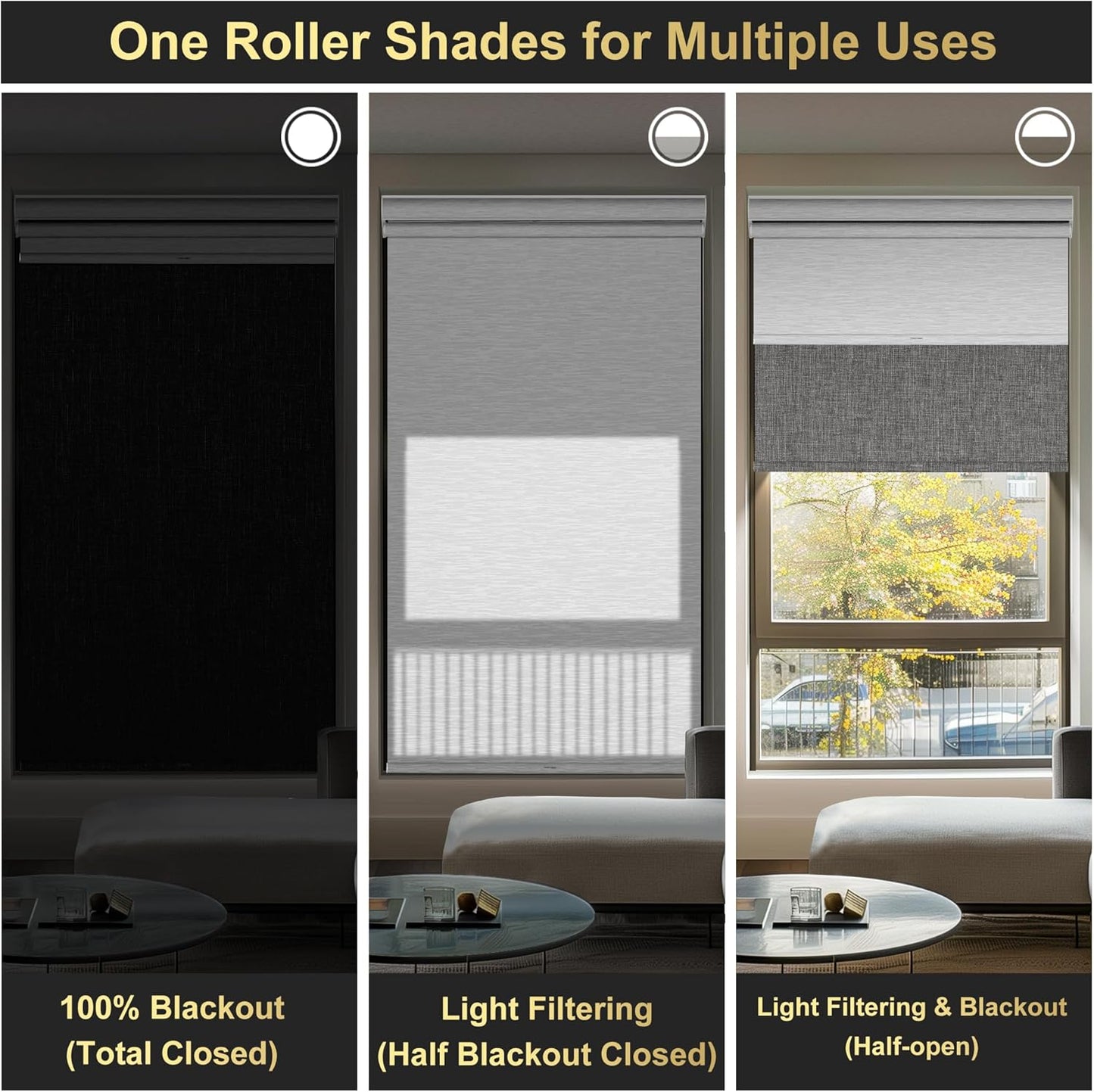BERISSA Cordless Dual Roller Shades with Cassette Valance - Double Window Shades, Blackout & Light Filtering. Dark Grey Linen & White. Custom Sizes