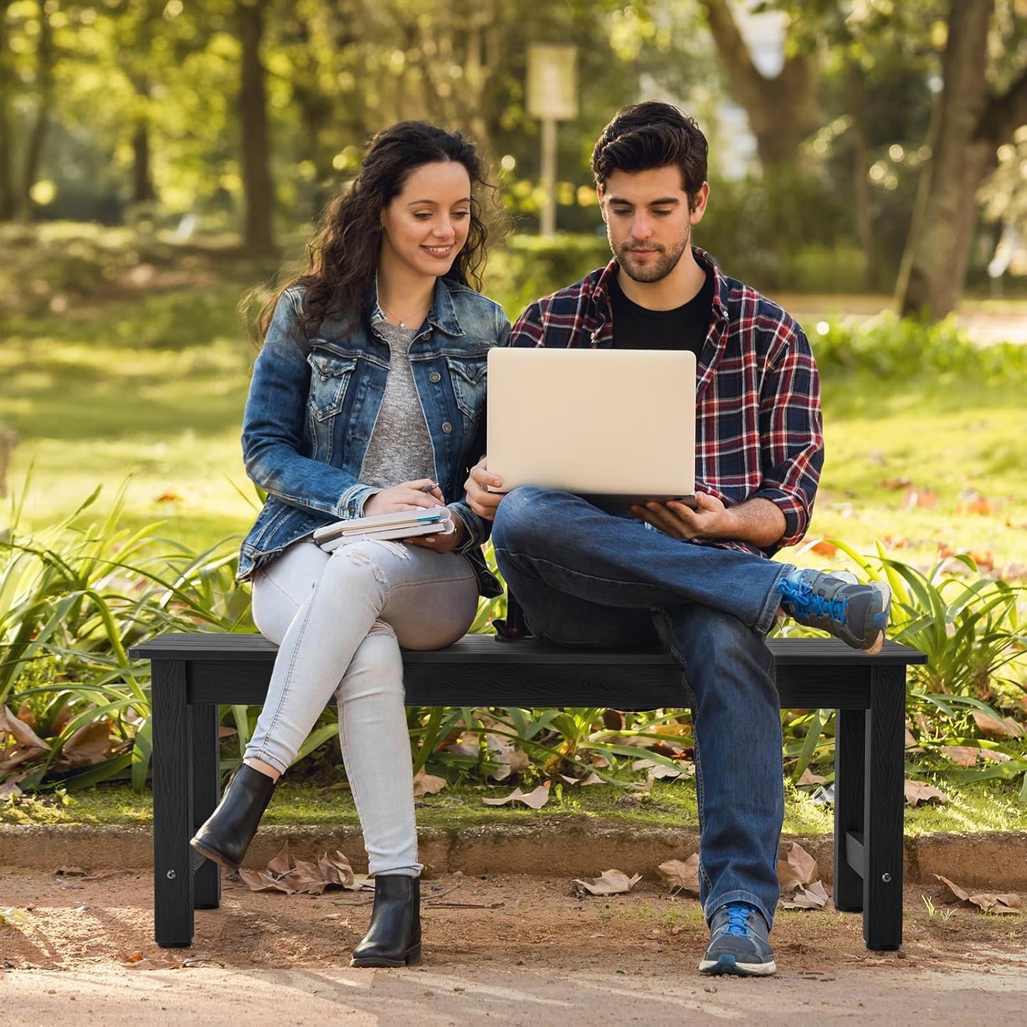 Outdoor Bench, 2-Person Poly Lumber Garden Bench, All-Weather Patio Bench Will not Rot and Fade for Garden, Porch, Backyard and Park, Easy Installation, Black