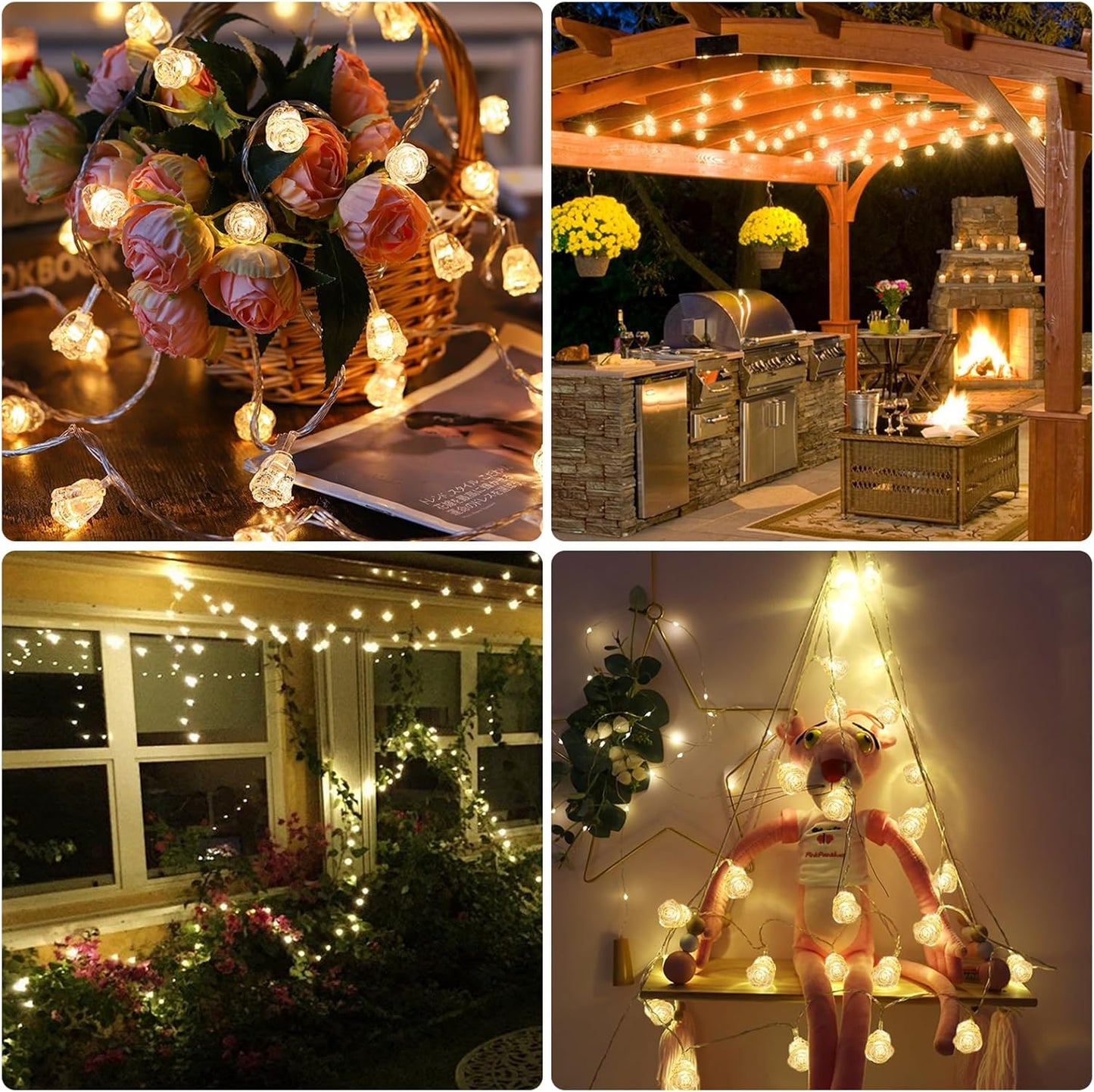 String Lights Indoor, 33Ft 80 LED Rose Flower Lights, 8 Modes Dimmable & Timeable Twinkle Lights, Festival Christmas Decorations for Bedroom Living Room, White, USB Plug, Remote