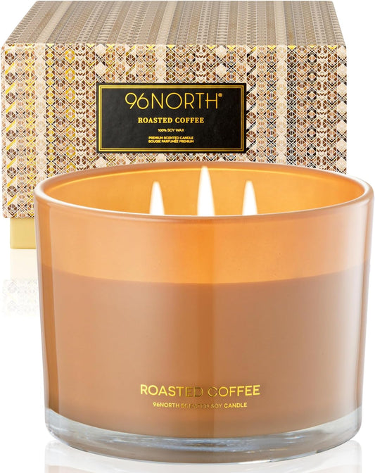 96NORTH Luxury Coffee Soy Candle | Large 3 Wick Jar Candle | Up to 40 Hours Burning Time | 100% Natural Soy Wax | Housewarming Gift for Men and Women