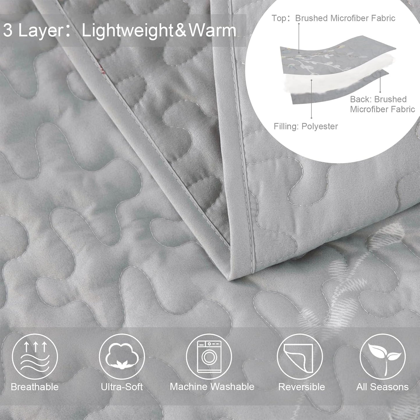 Exclusivo Mezcla Reversible Boho Quilt Set King Size, 3 Pieces Flowers Grey All Season Bedspreads, Ultra Soft Floral Coverlet Bedding Set with Printed Pattern (1 Quilt, 2 Pillow Shams)