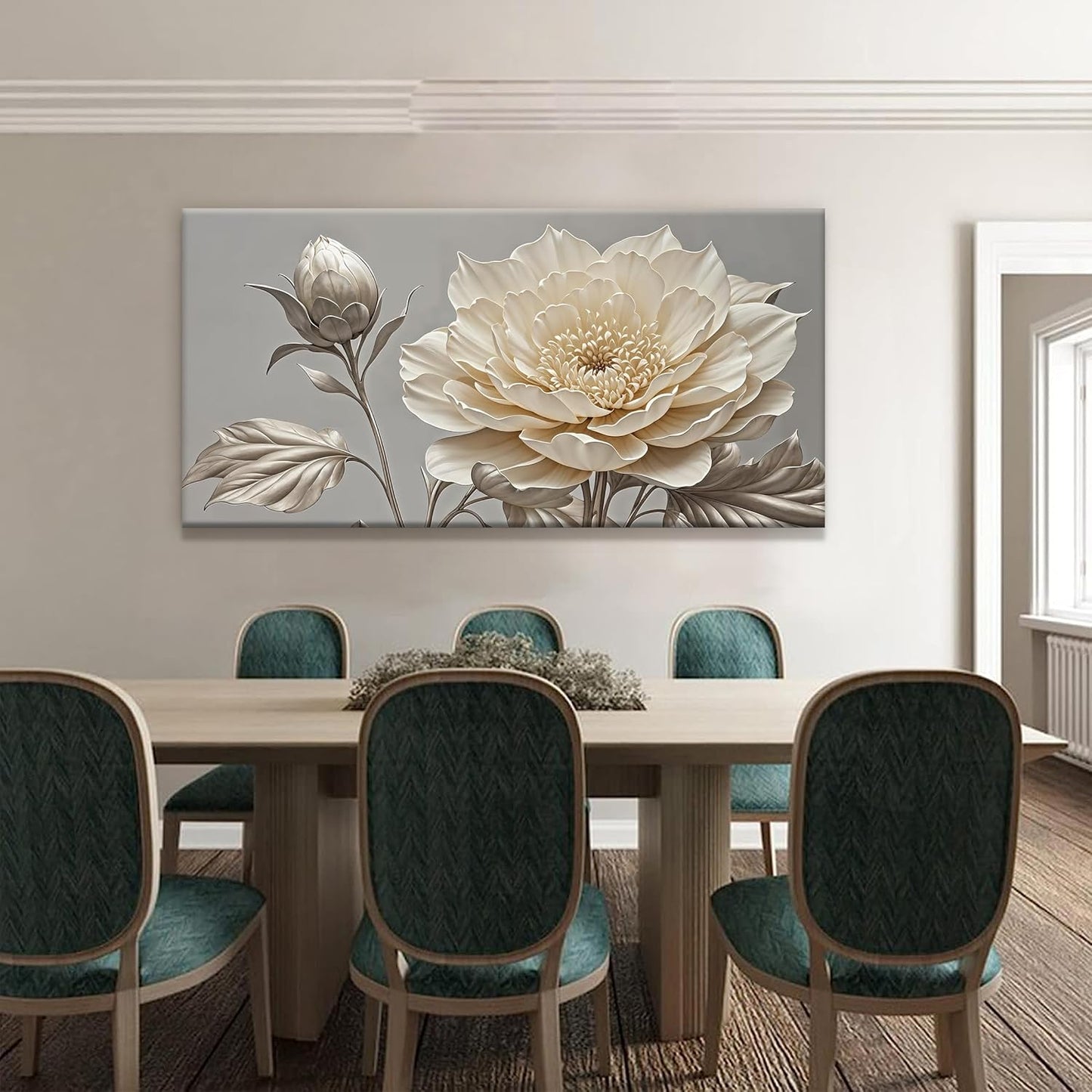 QSQ White Wall Art For Living Room Silver White Flower Wall Art Print Modern Canvas Art Wall Decor Home Decor Suitable Pictures For Bedroom Apartment Office Can Be Hung 24" X 48"