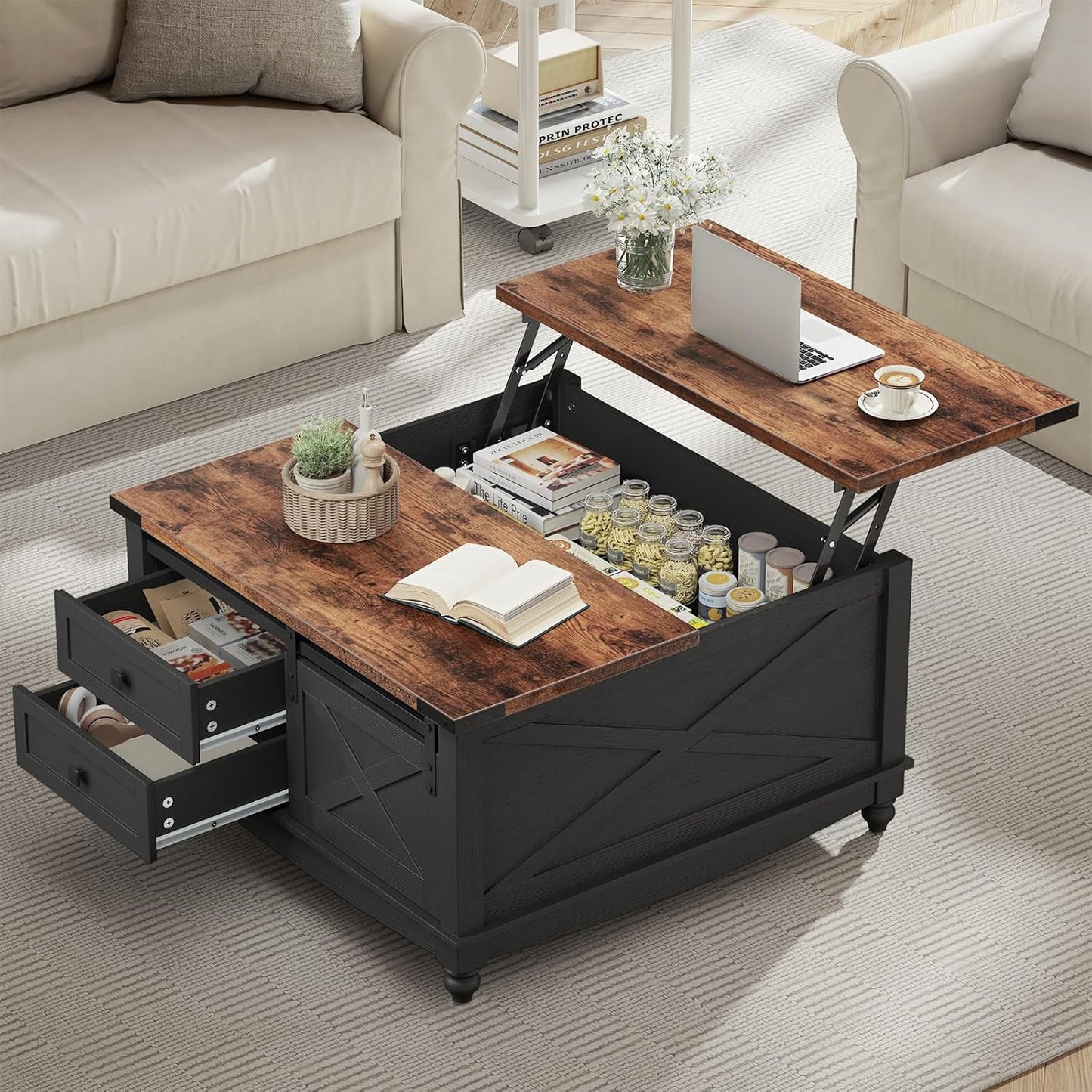 31.5" Lift Top Coffee Table with Storage, Farmhouse Coffee Tables for Living Room, Square Coffee Table with Large Hidden Storage Compartment, 2 Drawers & Removable Shelves, Black