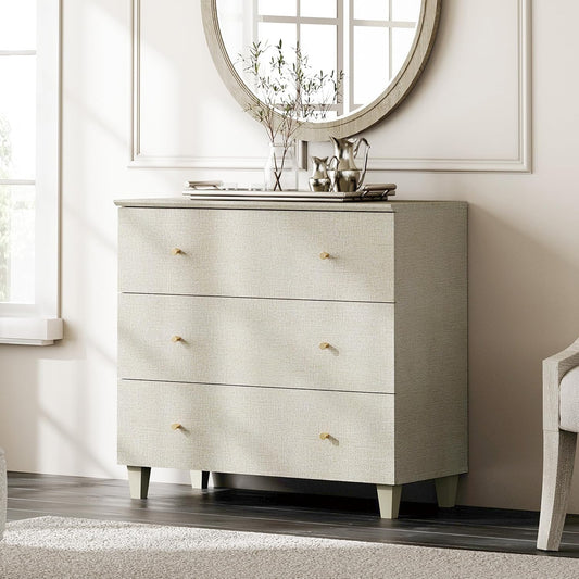 WAMPAT Bedroom Dresser with 3 Drawers, 35.4" Wide Wood Kids Dressers, Chest of Drawers, Modern Closet Organizer Bachelors Chest w/Solid Wood Legs for Living Room, Baby Room, Nursery, Beige