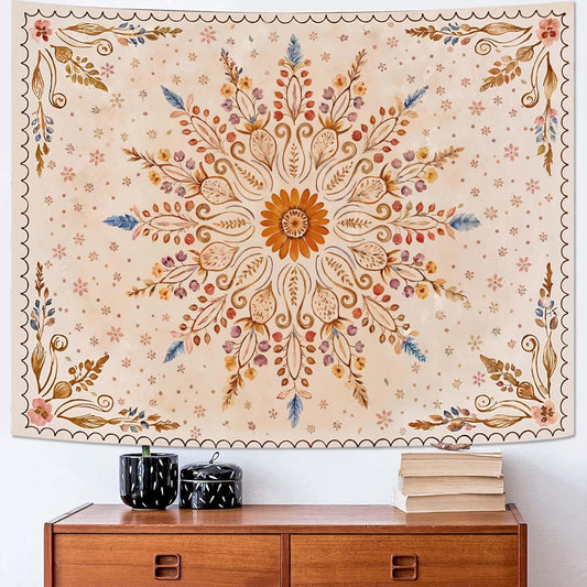 Fowocu Boho Floral Mandala Tapestry for Bedroom Aesthetic Watercolor Bohemian Flower Wall Tapestry Brown Beige Hippie Indian Tapestries Wall Hanging for Living Room Dorm Decor 60 x 44 Inch