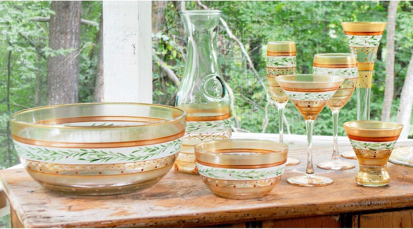 Crafted Creations Set of 2 Gold Mosaic Garland and Stripes Hand Painted Glass Serving Bowls 6"