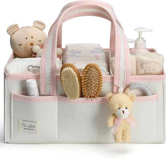 PeraBella XL Diaper Caddy Organizer With Handle, Baby Shower Gifts Basket Bag, Registry Search Must Haves Items, Newborn Girl Boy Nursery Storage Organizer, Baby Bag Essentials, Car Diaper Caddy Cart