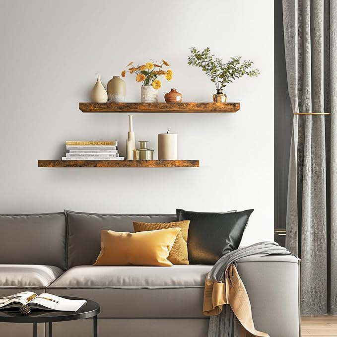 BAYKA Floating Shelves for Wall, 36 inches Long Wall Mounted Rustic Wood Shelves for Bathroom, Bedroom, Living Room, Kitchen, Office, Hanging Shelf for Books/Storage/Decor(Brown,Set of 2)