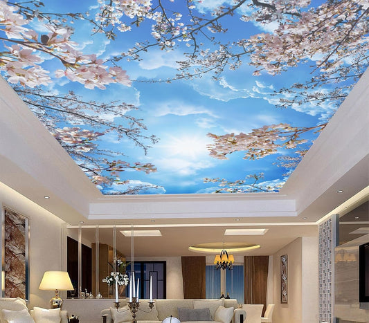 Sky Cherry Blossom Ceiling 3D Wall Mural Wallpaper 103" x 69"