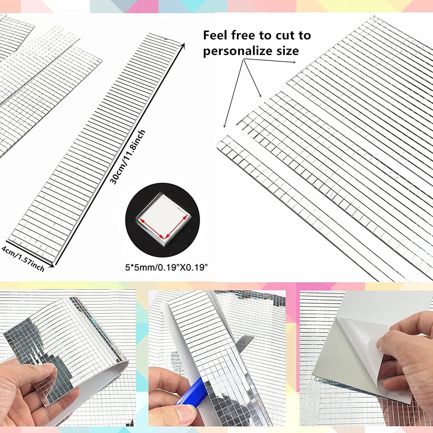 REDODECO Real Glass Silver Mirrors Mosaic Tiles Sticker for Craft Square Glass Tiles Self Adhesive,5mm by 5mm (Silver, 7150PCS)