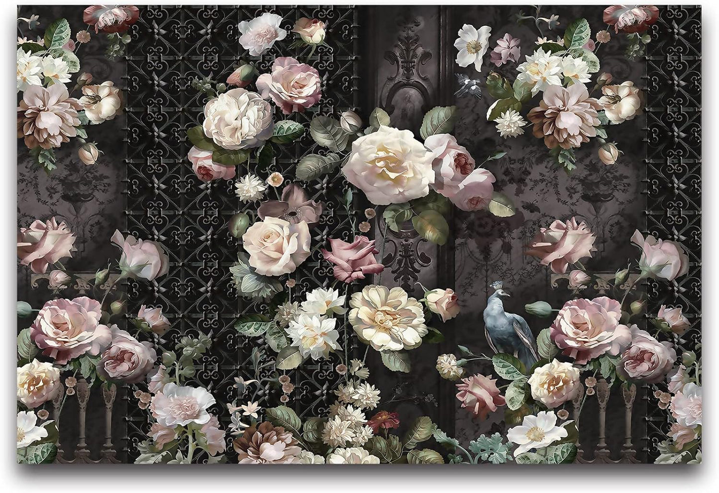 Cliouar-Black Fence Bird Peacock Pink Yellow White Rose 3D Mural Wallpaper Bedroom Living Room Decor Peel and Stick 98" x 58"