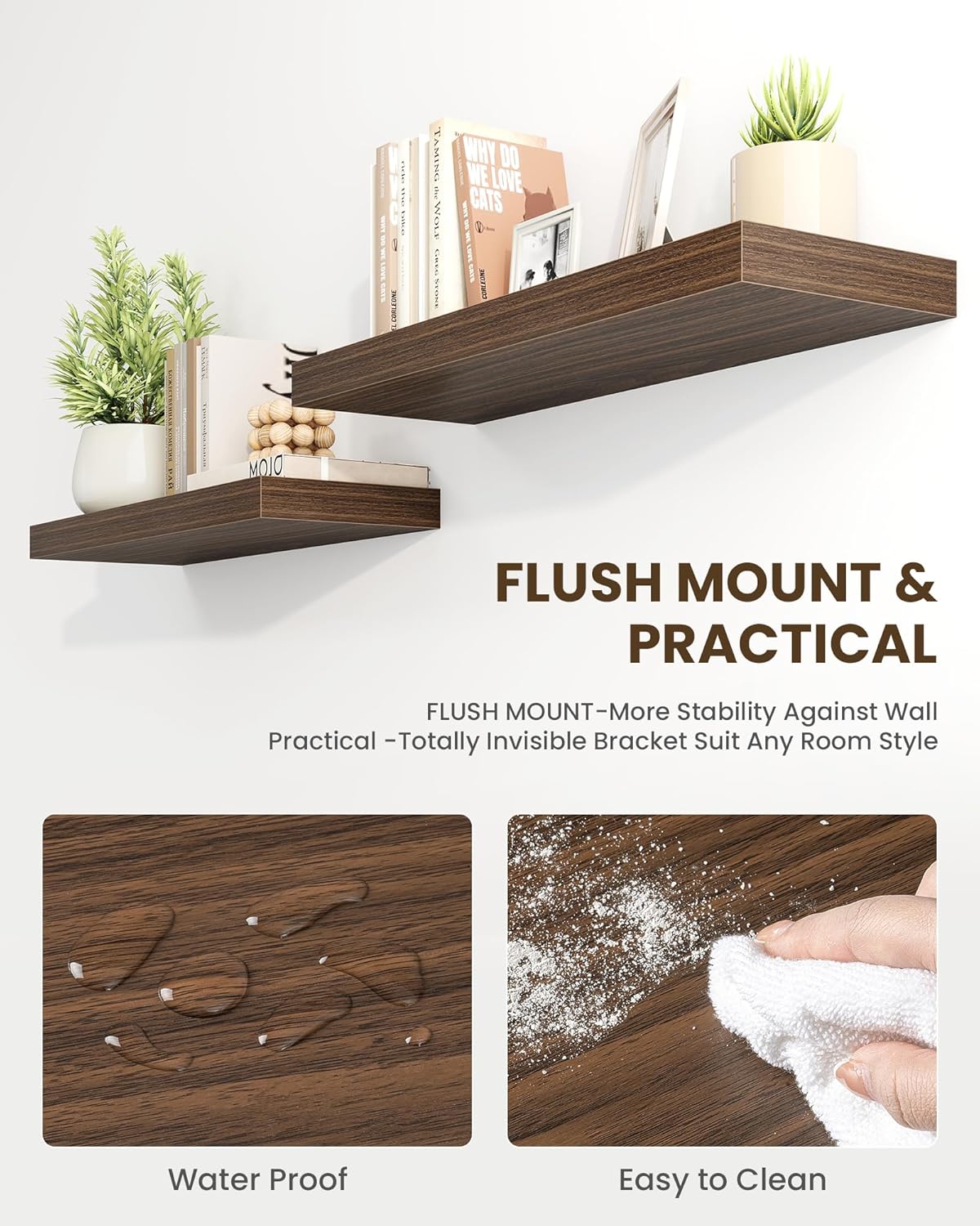 Marsmiles 55" Floating Shelves for Wall, Wooden Shelves with Invisible Brackets Set of 2, Rustic Farmhouse Wall Mounted Shelf for Kitchen Bathroom Living Room Study, Walnut