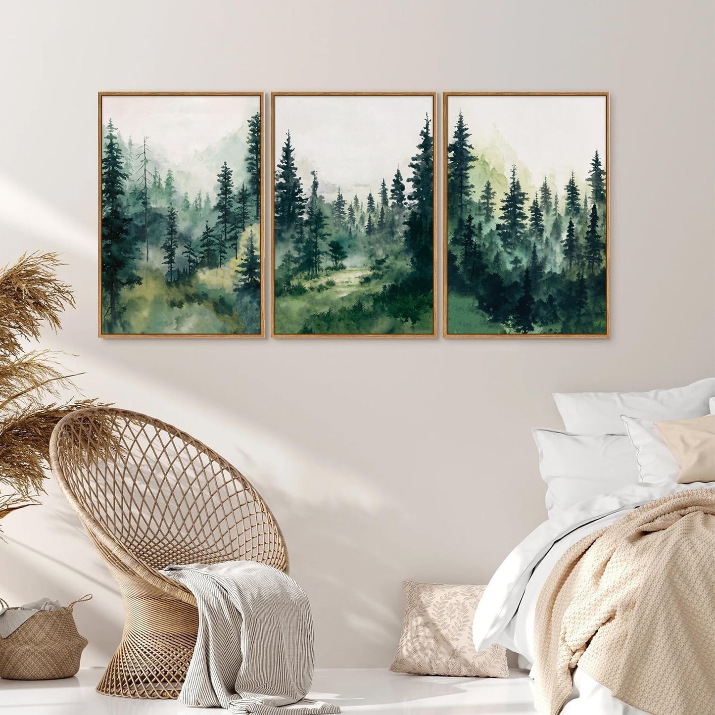 Tinonedraw Watercolor Forest Framed Canvas Wall Art Set, Modern Pine Tree Wall Painting, Nature Foggy Landscape Wall Decor, Misty Mountain Art Prints for Bedroom Living Room Farmhouse Office 16"x24"x3
