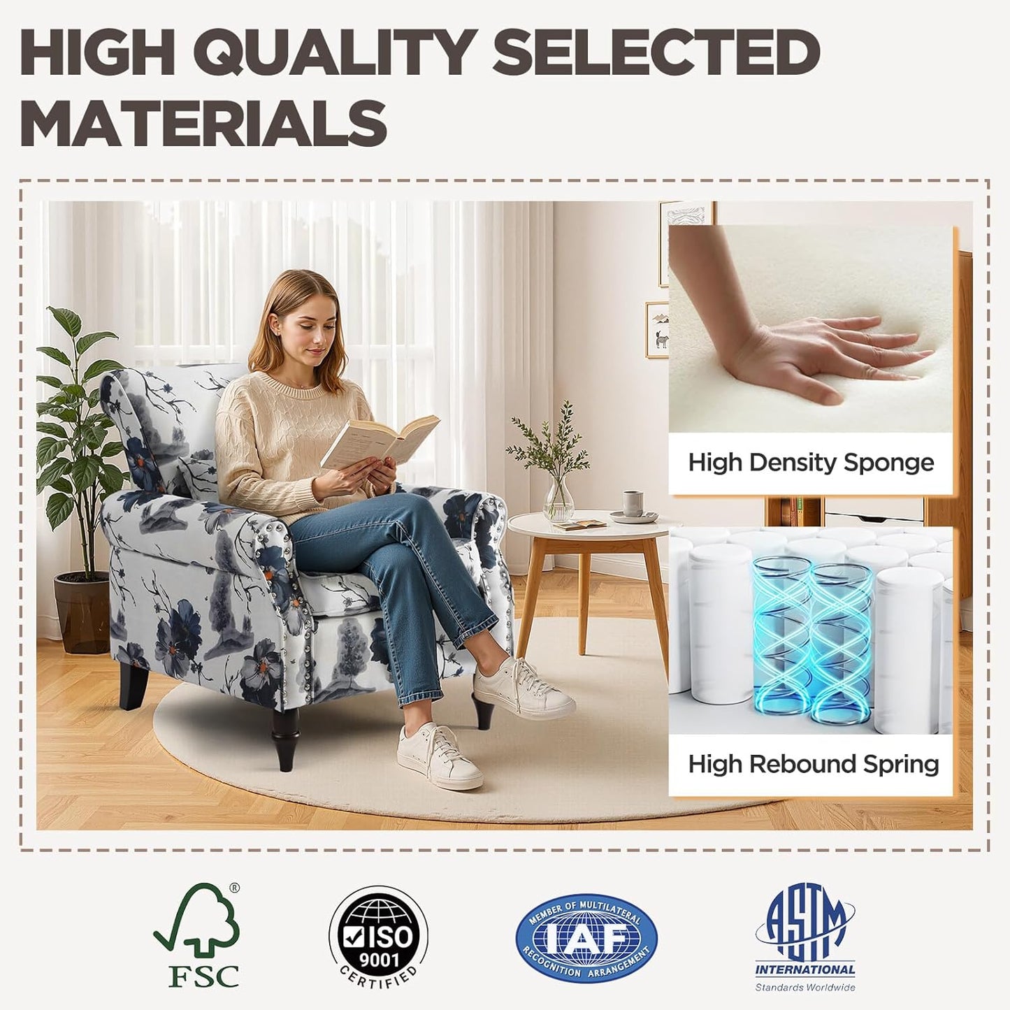 Wingback Accent Chair with Removable Pillow, High Back Floral Armchair with Solid Wood Legs & Nailhead Trim, Comfy Upholstered Reading Single Sofa Chair for Bedroom (1, Ink Blue Pattern)