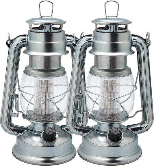 YAKii LED Vintage Lantern Metal Hanging Hurricane 12 LED Dimmer Switch Cold White Battery Operated Power Outage Indoor Camping Lighting Outdoor Brooklyn (Silver 2 Pack)