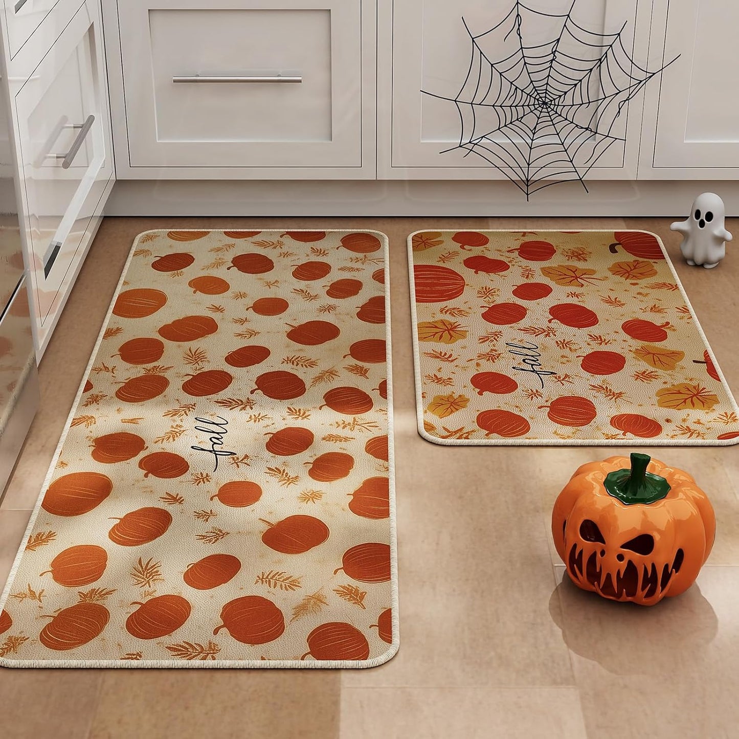 Halloween Kitchen Mat Set of 2, Pumpkin Kitchen Halloween Decor, Fall Decorations for Home, Halloween Rug for Floor,Indoor Home Decor with Non-Slip Backing,17 x 29 Inch & 17 x 47 Inch