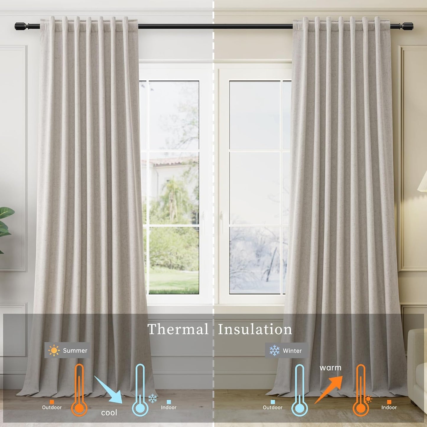 BOODII 108 Inch Black Out Curtains 2 Panels Set Back Tab Thermal Insulated Neutral Linen Textured Blackout Curtains Noise Reducing Living Room Darkening Window Drapes Pleated Greige Taupe 52x108