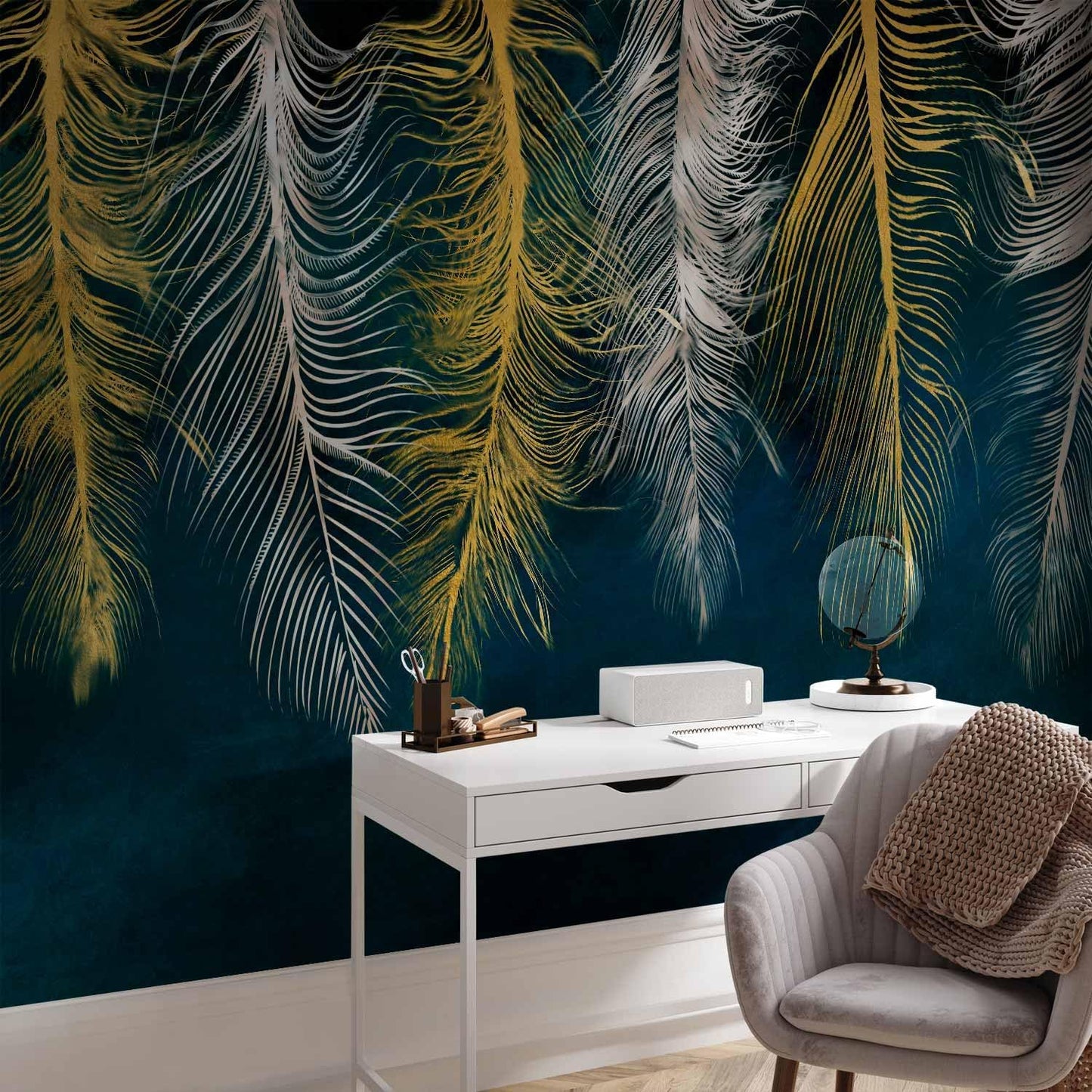 artgeist Wall Mural Feather 138x101 in - XXL Non-Woven Wallpaper Fleece Wall Decor Photo Print Picture Image Design Landscape Abstract Beige Navy Blue b-A-0812-a-a