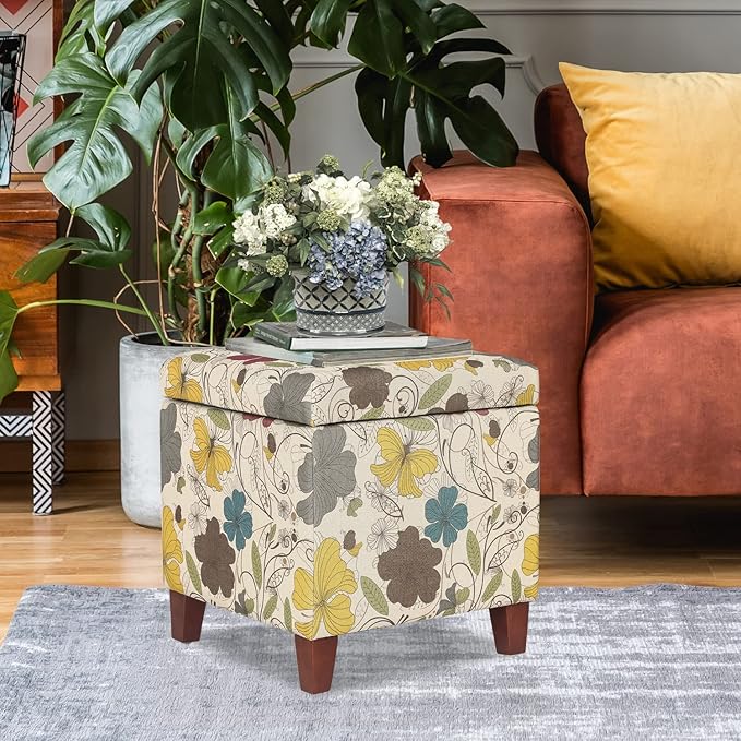 Adeco 18 Inch High Cube Ottoman Storage, Floral Printed Linen Chair Foot Stools, Upholstered Vanity Stool with Hinged Lid, Solid Wood Legs