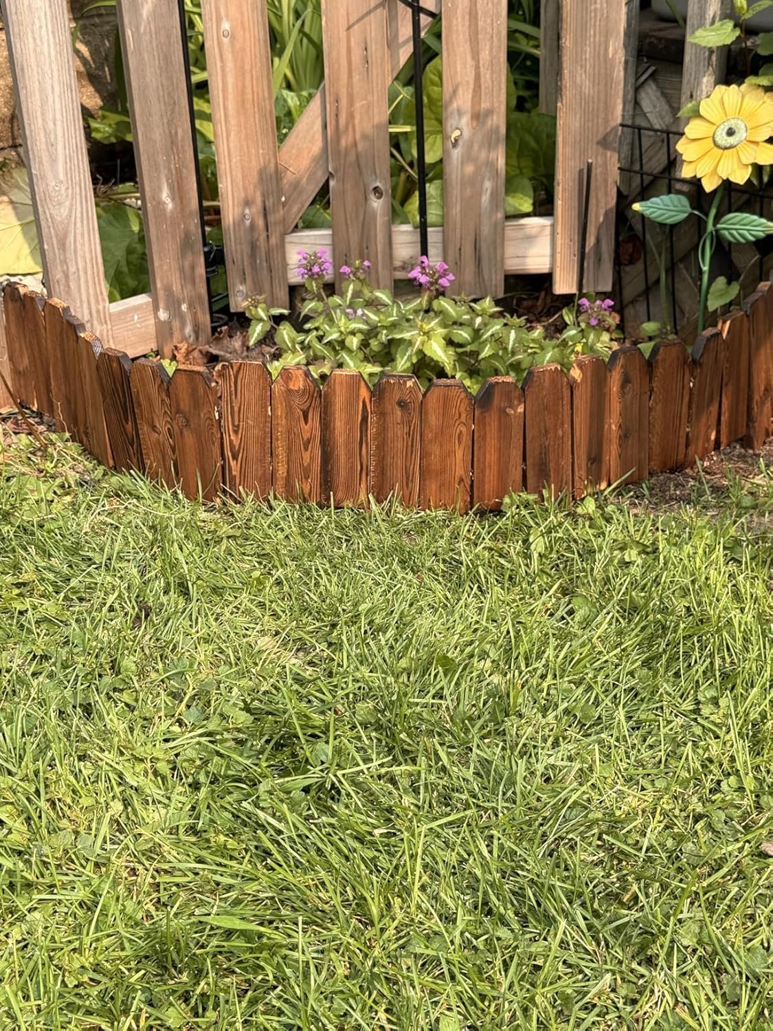 Wood Fence Border for Garden Beds – 9.8" H x 47" L Wooden Landscape Edging Panels, Rustic Decorative Outdoor Divider for Lawn, Path, and Yard Design (3-Pack, Covers 11.75 Ft)