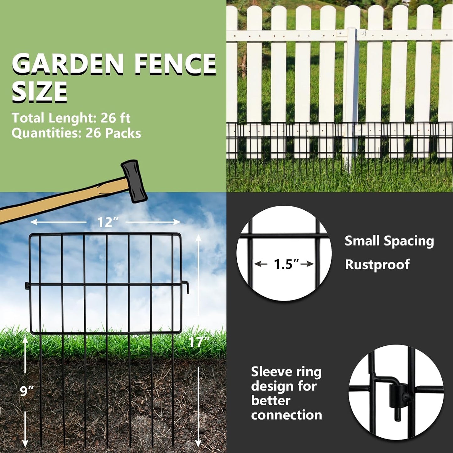 17in(H) x 26ft(L) Garden Fence Animal Barrier No Dig, 26 Panels Rustproof Small Metal Fencing, 1.5in Gap Fence Border, Outdoor Decorative Fence for Yard Dogs Rabbits