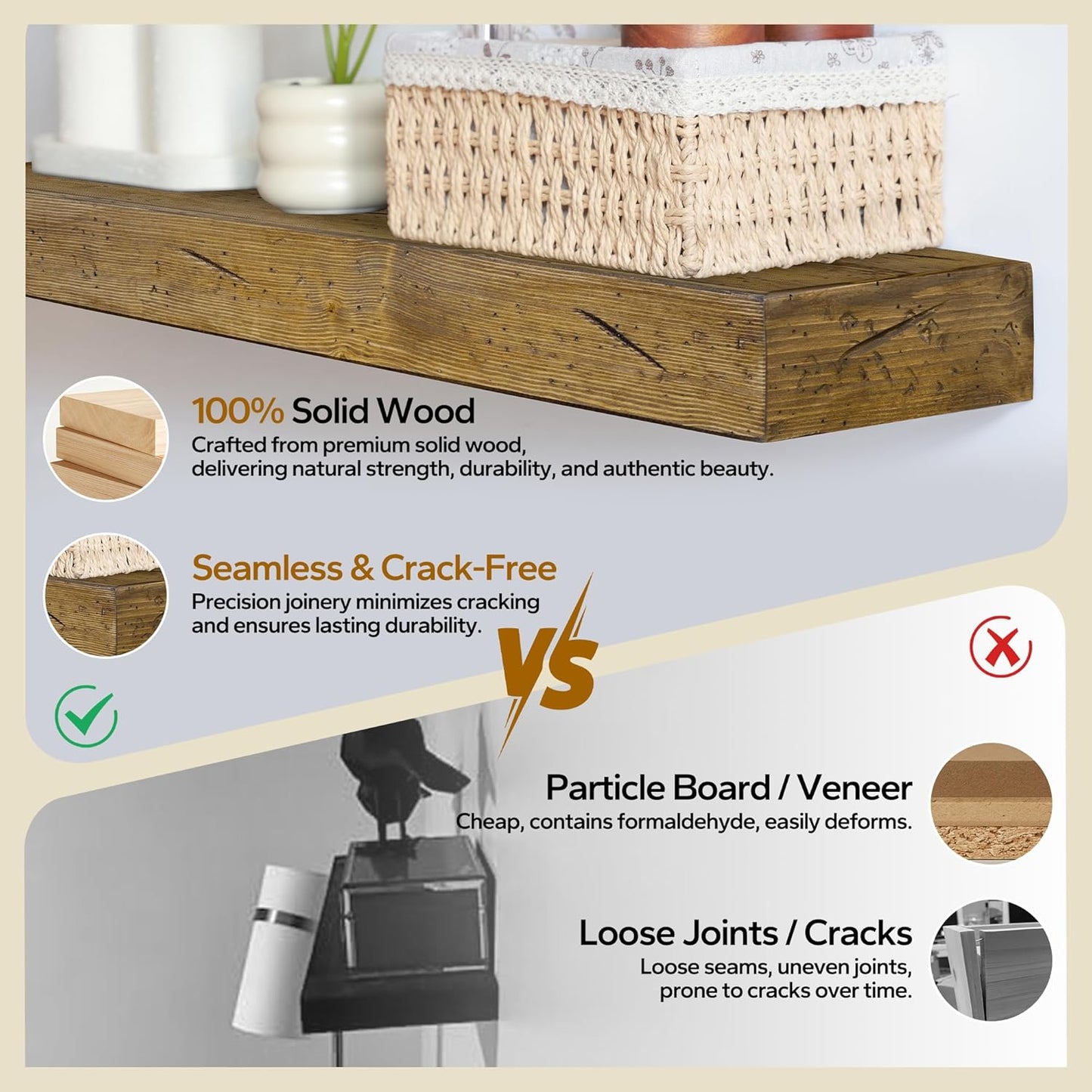 Floating Shelves 3 inch Thick for Wall Set of 2,Solid Pine Wood Wall Mount Shelf for Kitchen Living Room Bedroom Bathroom,8" D x 24" L x 3" H-Distressed Black Walnut